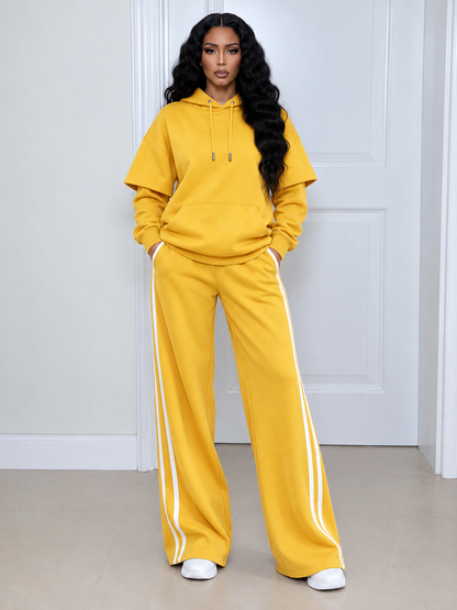 Solid Hoodie & Striped Pants Set