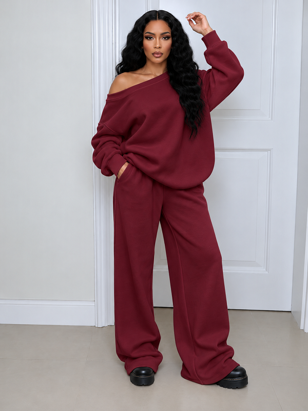 Solid Boat Neck Top & Pants Set