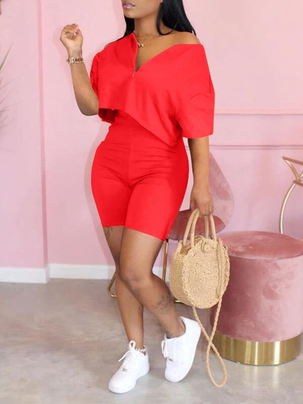 Solid Zip Top & Shorts Set