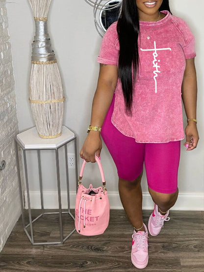 Logo Printed Slit Tee & Biker Shorts Set-Clearance