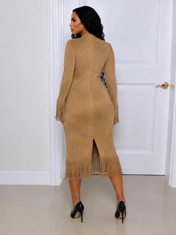 Solid V‑Neck Fringe Maxi Dress