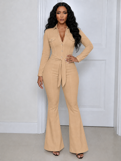Solid Belted Cargo Flare Jumpsuit