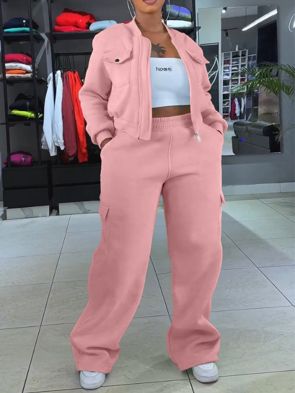 Solid Zip Top & Cargo Pants Set