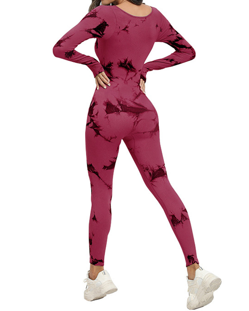 Tie Dye Square Neck Long Sleeve Athletic Seamless Yoga Bodysuit DarkRed