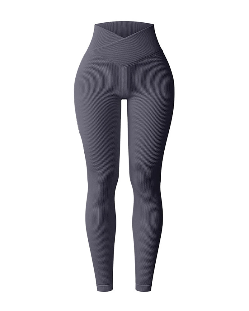 Cross-Waist Ribbed Yoga Pants Grey