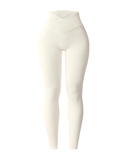 Cross-Waist Ribbed Yoga Pants Beige