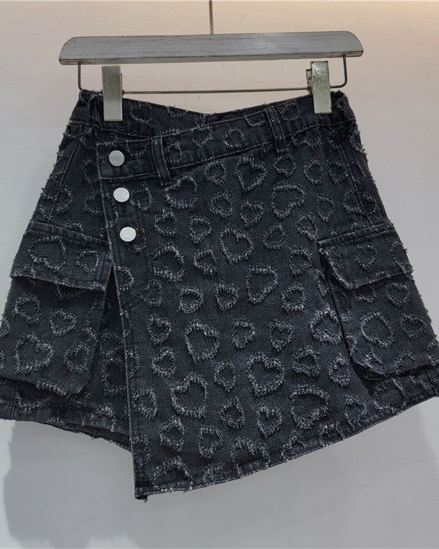 Jacquard Love Heart High Waist Loose Denim A-Line Shorts Skirt Black