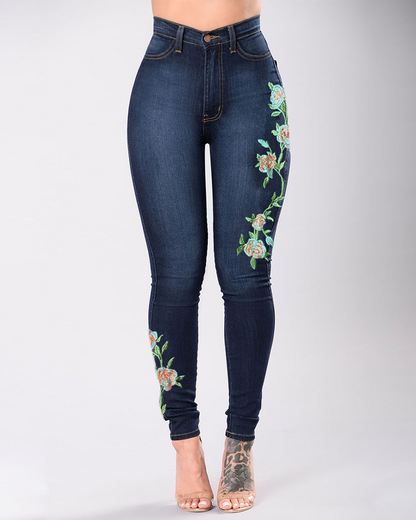 Embroidered Elastic Jeans