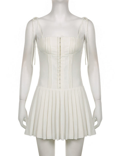 Waist Tight Suspender Pleated Dress