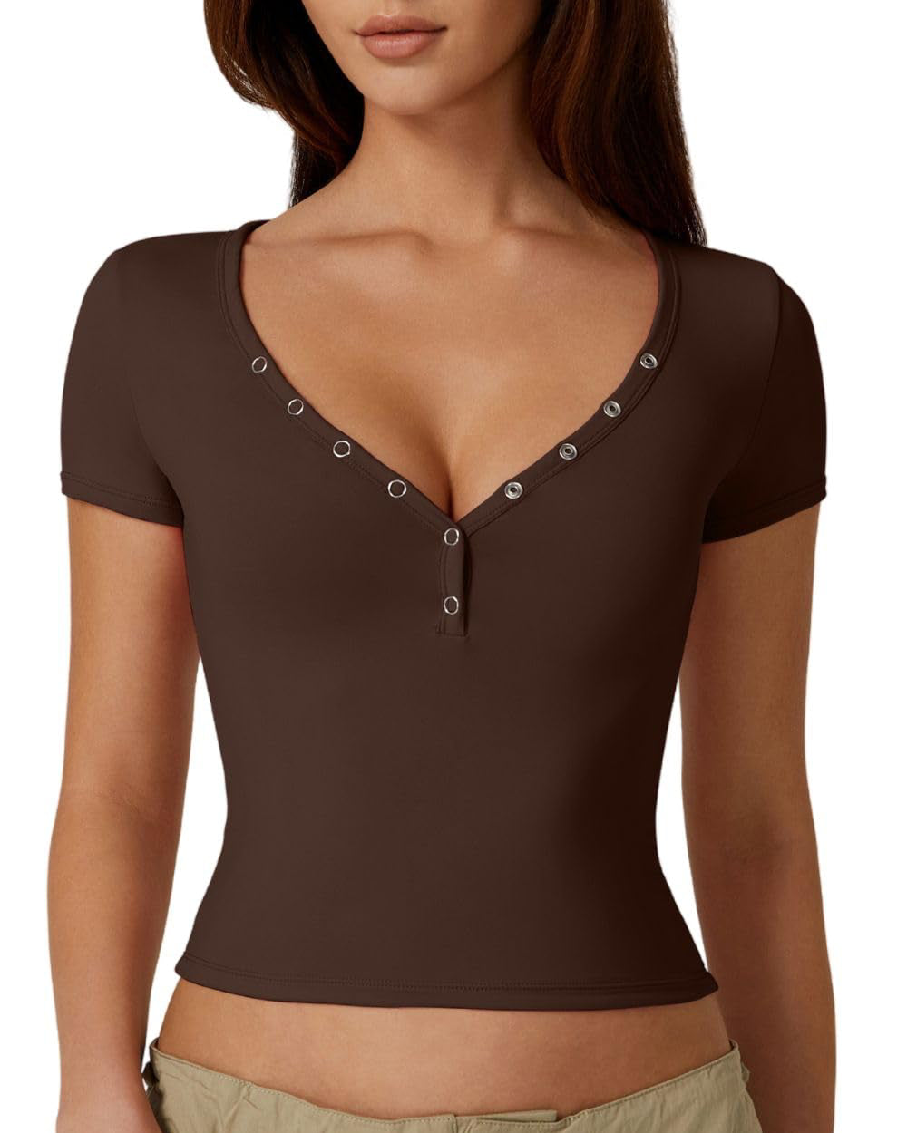 Slim Fit Short Sleeve Sweetheart Neck T-Shirt Brown