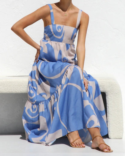 Simple Printed Suspender Maxi Dress with Large Skirt