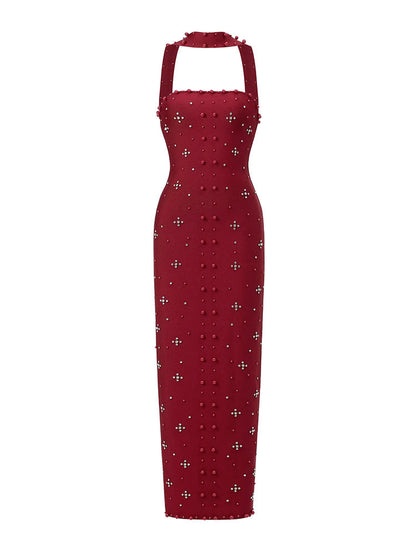 Pearl Embellished Halter Maxi Dress