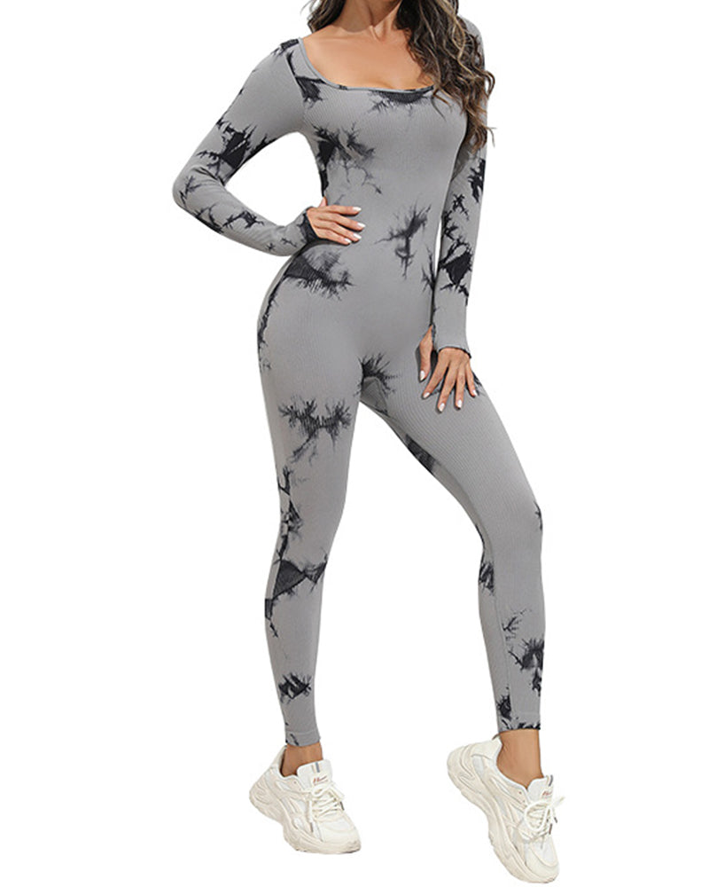 Tie Dye Square Neck Long Sleeve Athletic Seamless Yoga Bodysuit