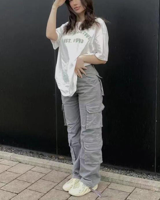 Low-Rise Multi-Pocket Cargo Casual Pants LightGrey