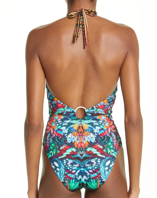 Vintage Butterfly Print Deep V One Piece Swimsuit And Cover up