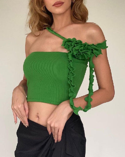 French Three-Dimensional Flower Ribbon Halter Neck Strapless Vest Green