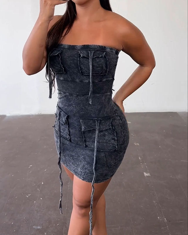 Retro Distressed Washed Bandeau Bodycon Dress (Pre-sale)