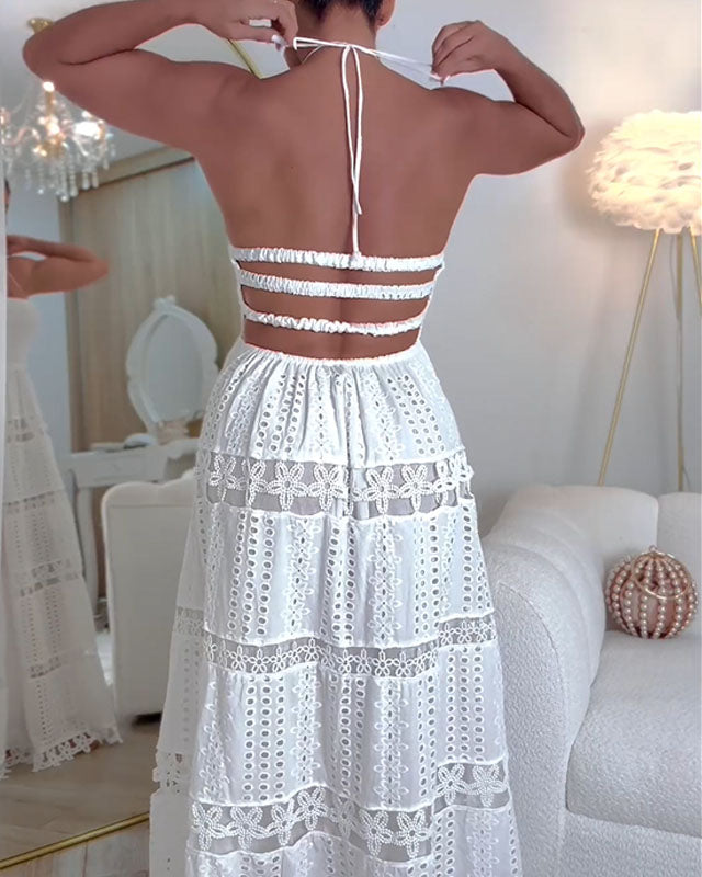 Embroidered Backless Cake Maxi Dress