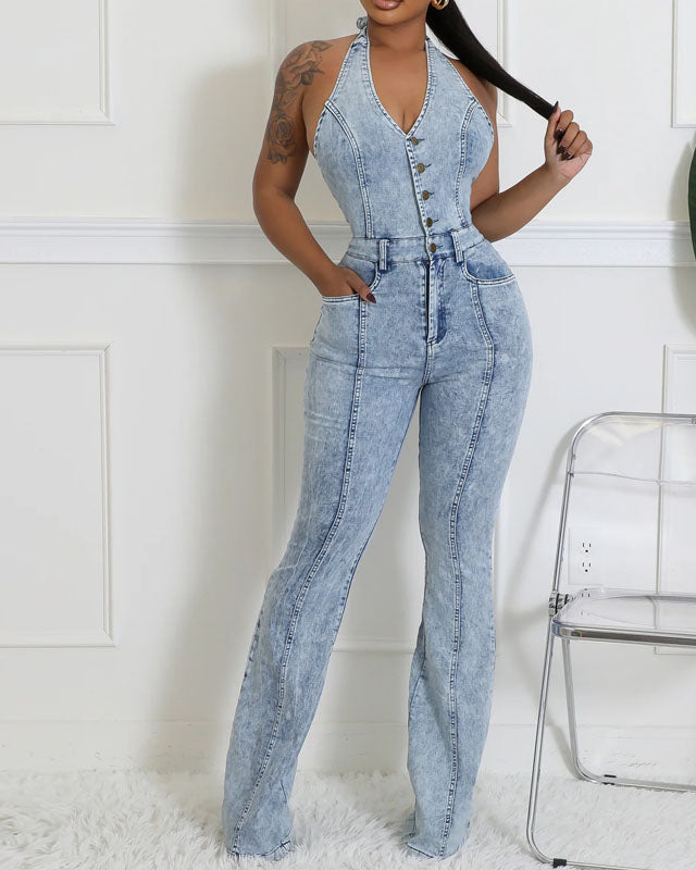 Button Halter Sleeveless Denim Jumpsuit (Pre-sale)