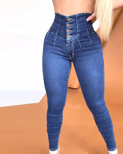 High Waisted Multi Button Stretch Jeans (Pre-sale)