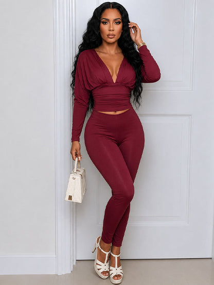Solid V-Neck Top & Pants Set