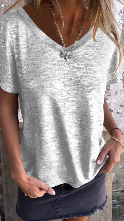 Hot Stamping Round Neck Short-sleeved V Neck T-shirt V-neck top silver