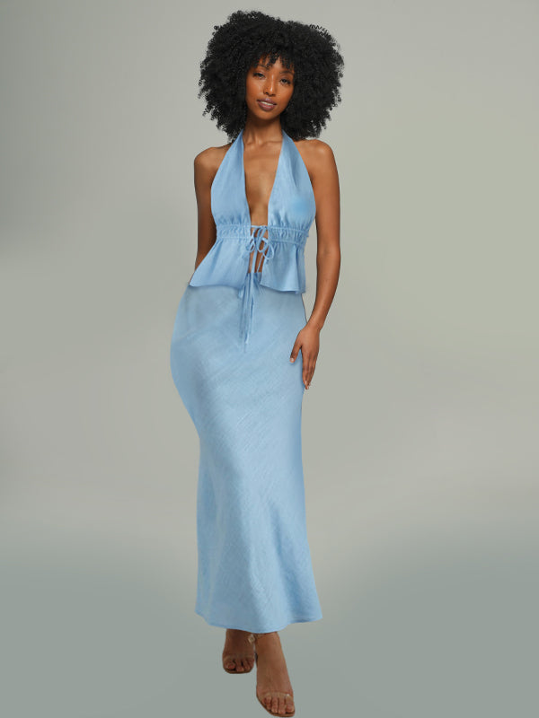 Solid Halter Top & Skirt Set -- sold out Icy Blue