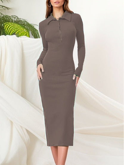 Solid Ribbed Polo Dress Brown