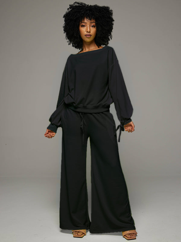 Tied Sleeve Sweatshirt & Wide-Leg Pants Set Black