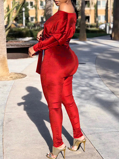 Velvet Boat-Neck Tied Jumpsuit