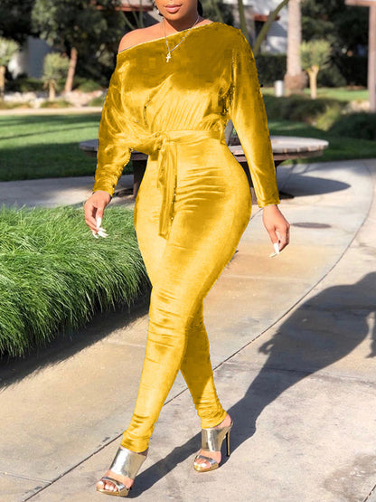 Velvet Boat-Neck Tied Jumpsuit