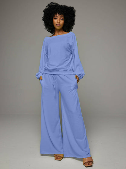 Tied Sleeve Sweatshirt & Wide-Leg Pants Set Lavender Blue