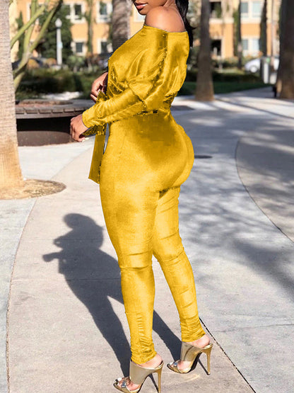 Velvet Boat-Neck Tied Jumpsuit