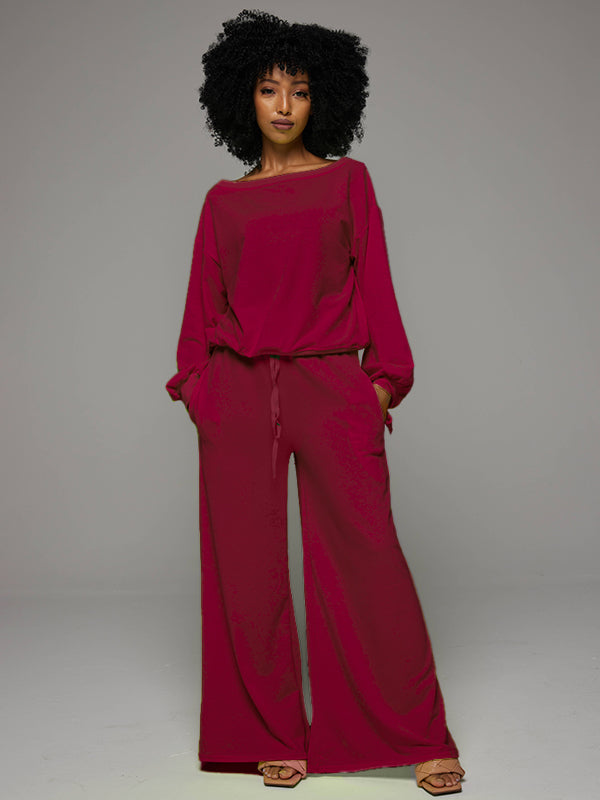 Tied Sleeve Sweatshirt & Wide-Leg Pants Set Burgundy