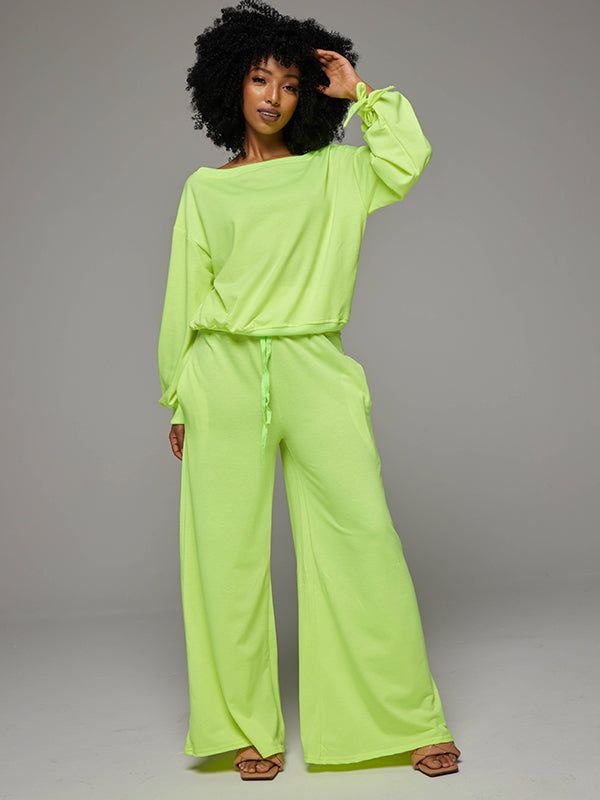 Tied Sleeve Sweatshirt & Wide-Leg Pants Set Lime