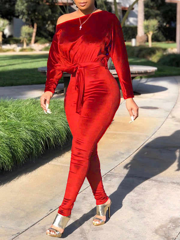 Velvet Boat-Neck Tied Jumpsuit