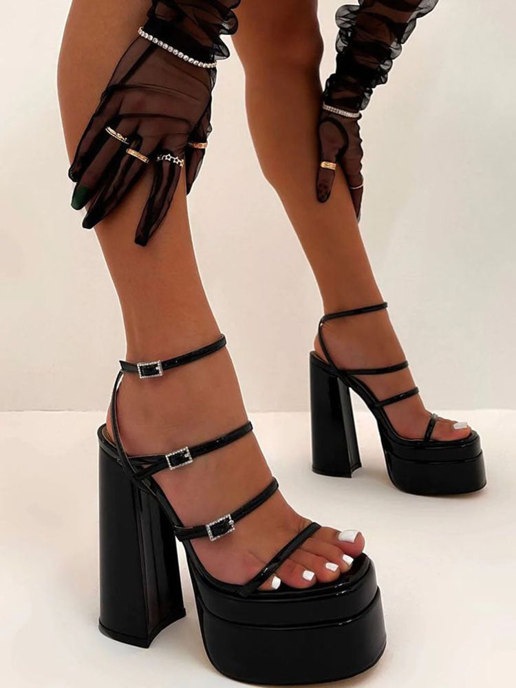 Leather Buckle Strap Platform Heel Sandals