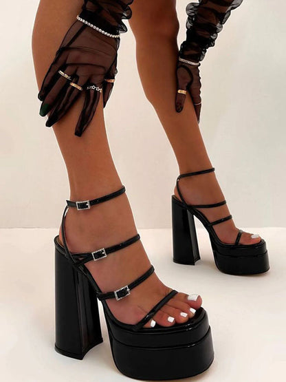 Leather Buckle Strap Platform Heel Sandals