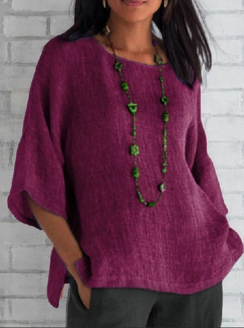 Women's Seven-point Sleeve Round Neck Cotton Linen Shirt Top Purple red