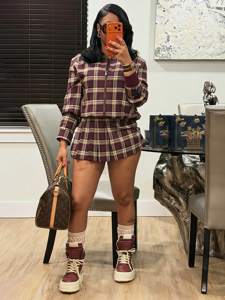 Leather-Trim Jacket & Pleated Skort Set