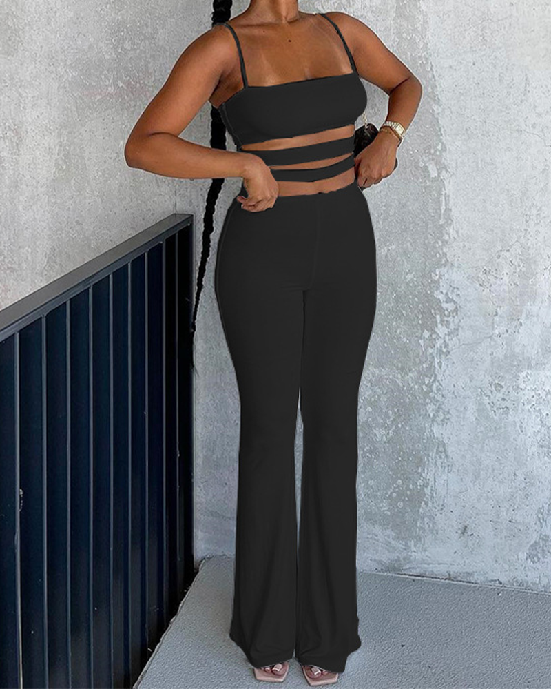 Pure Color Tight-Fitting Hollow Out Pant Suit