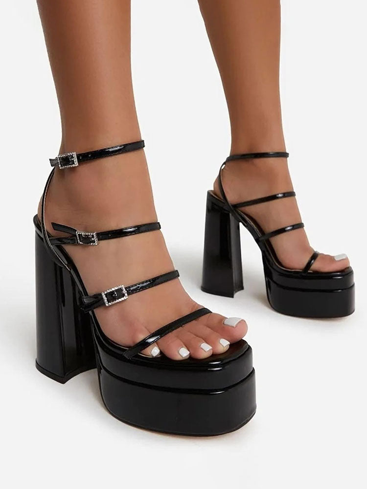 Leather Buckle Strap Platform Heel Sandals