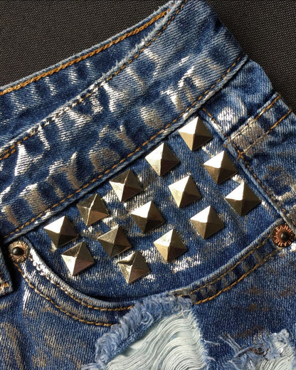 High-Waisted Slim-Fit Ripped Studded Denim Metallic Silver Denim Shorts