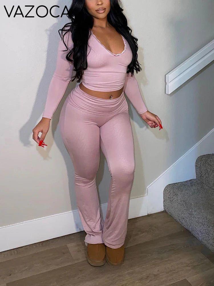 Contrast Lace Crop Top & Flare Pants Lounge Set