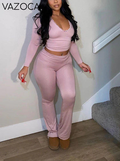 Contrast Lace Crop Top & Flare Pants Lounge Set