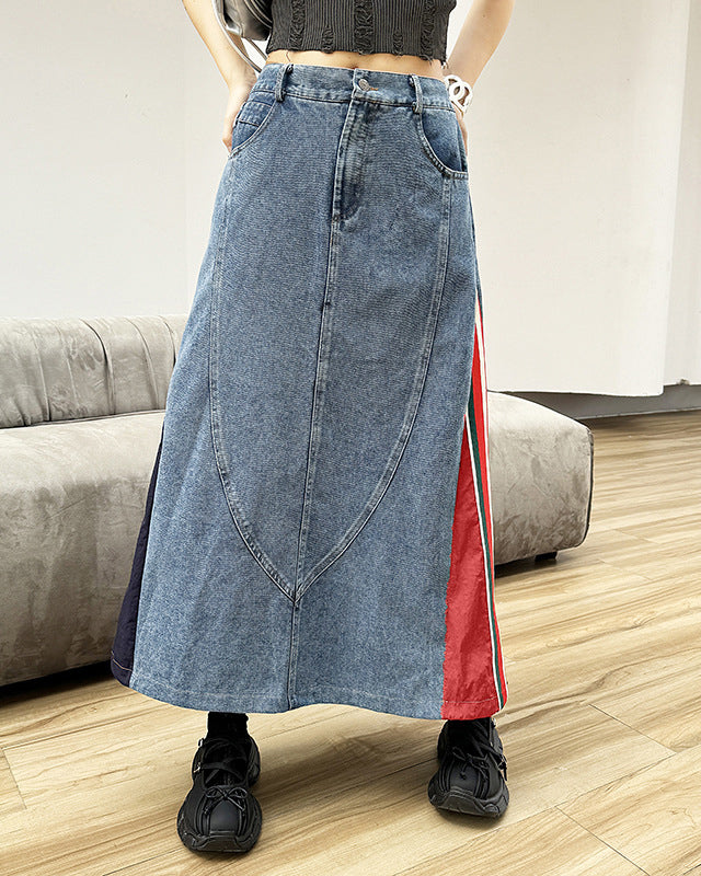 High Waisted Paneled Contrast Denim Skirt