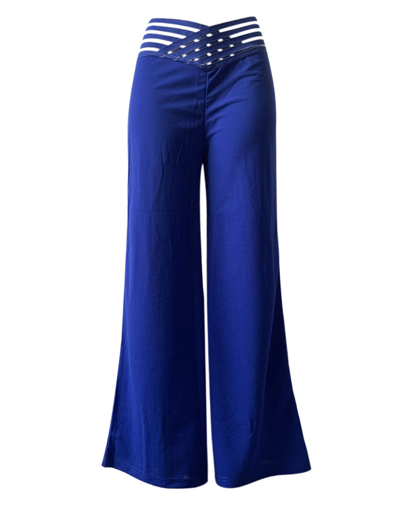 Cut-Out Belt High-Waisted Casual Wide-Leg Pants Blue