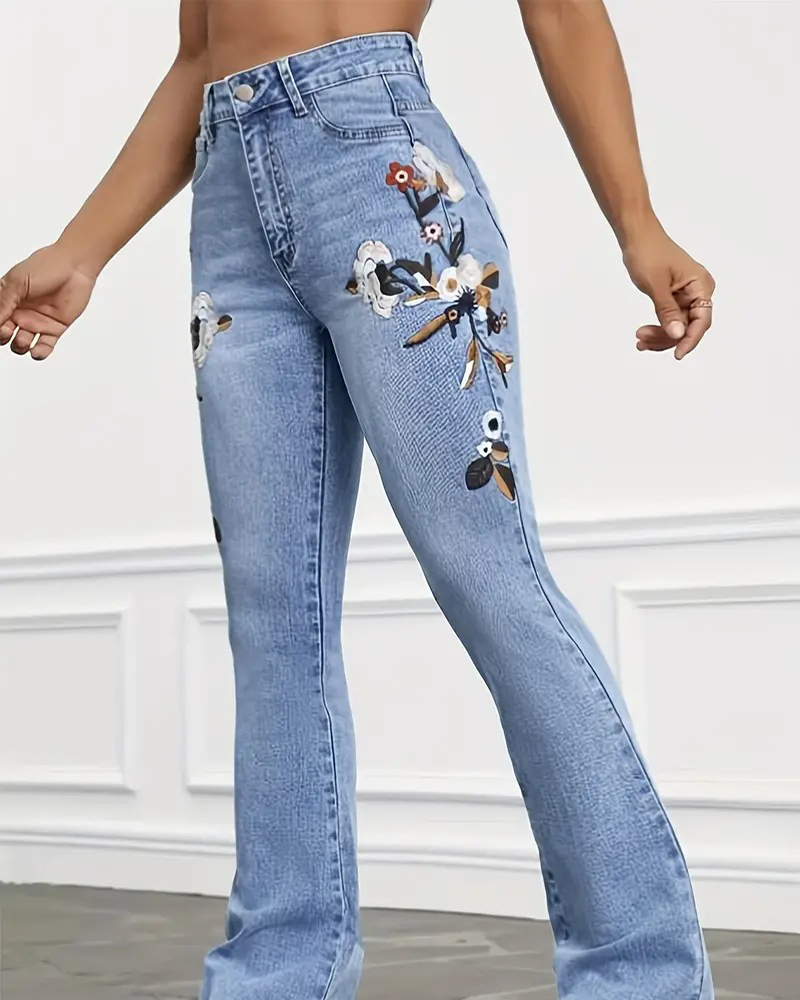 Embroidered Flared Trimmed Jeans