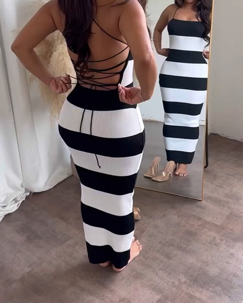 Striped Sexy Backpack Hip Jumpsuit Bodycon Dress Black