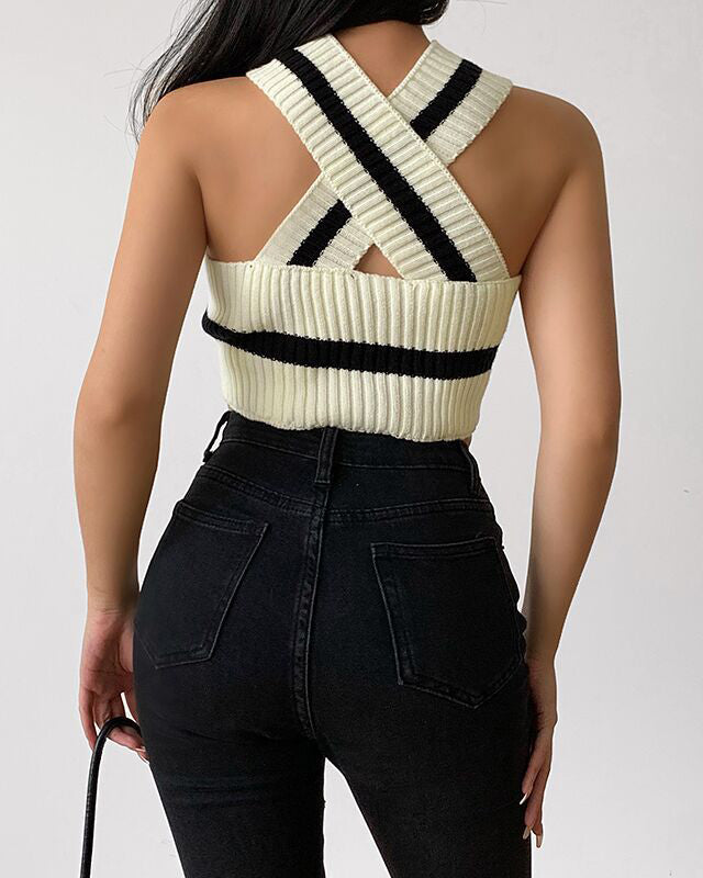 Knitted Vest Striped Sleeveless V-Neck Halter Top